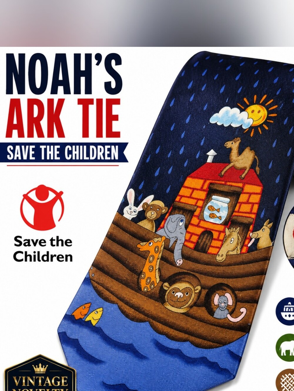 Noah's Ark Kids Tie - Navy Blue Cartoon Animal Design